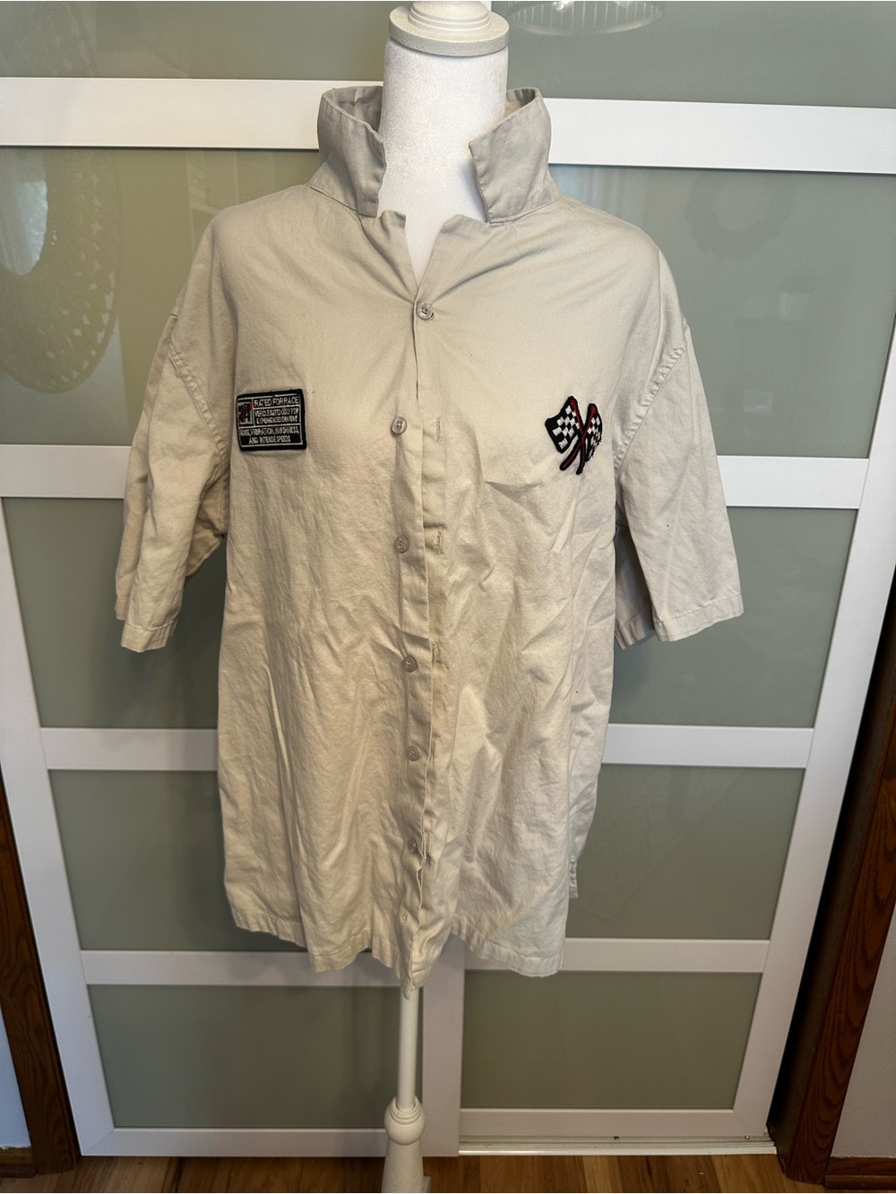 Short-Sleeve Button-Down Shirt with Racing Patch - Cream